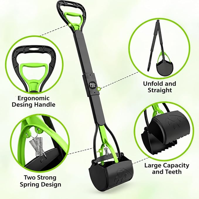 Paker & Cole Pooper Scooper for Large & Small Dogs – Long Handle Pet Waste Scooper with One-Handed Spring Action, Durable Heavy-Duty Jaw, Portable Dog Poop Picker for Grass, Gravel & Concrete