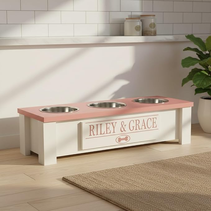 3 Bowl Dog Feeding Station, Personalized Triple Bowl Food Stand Small Dogs | Farmhouse Style, Elevated Wood Stand, Storage Container, Stainless Steel Bowls, Raised Feeder, Small Breed, Made in USA