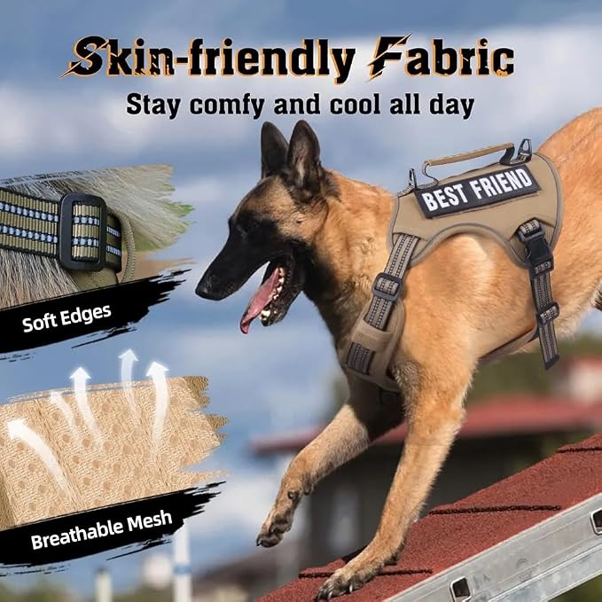 Tactical Dog Harness with Leash for Large Dogs, No Pull Adjustable Dog Harness, Reflective K9 Working Pet Vest for Walking, Training (Khaki, M)