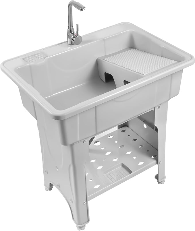 Plastic Utility Sink with 360° Swivel Hot and Cold Faucet Gray | 154 lbs Load Capacity, Equipped with Hose Hook Up, Includes Washboard, Bottom Storage Board, Suitable for Garages and Gardens