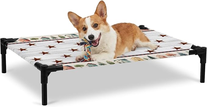 Outdoor Elevated Dog Bed for Large Dogs, Farmhouse Star Wooden Breathable Cooling Raised Dog Cot for Indoor/Outdoor, Trees Grey Wooden Waterproof Elevated Pet Beds, L 28 x 22 in