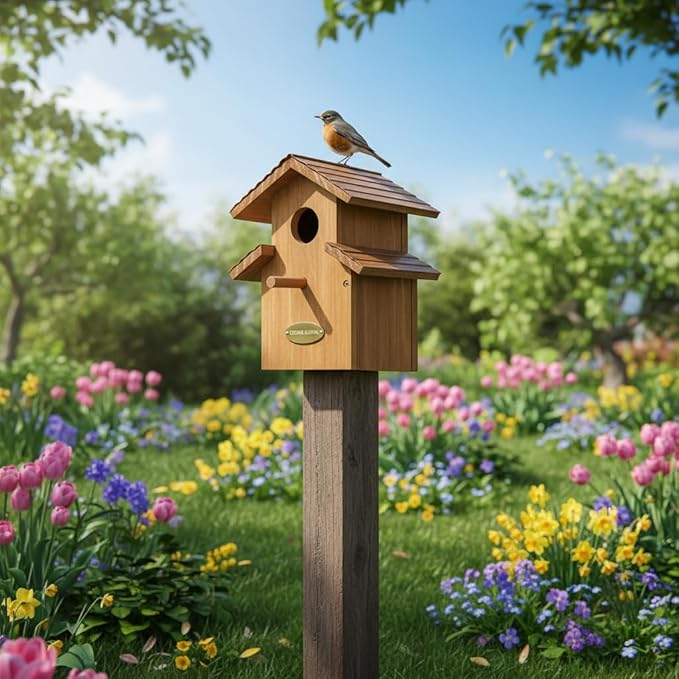 Water Proof Bluebird House for Outside, 2 Layers Metal Roof Water Proof, Outdoor Lifetime Durability Solid Cedar Wood Bird House for Pole, Secure Latch, Updated 1.5" Hole Size (Comfy Mansion)