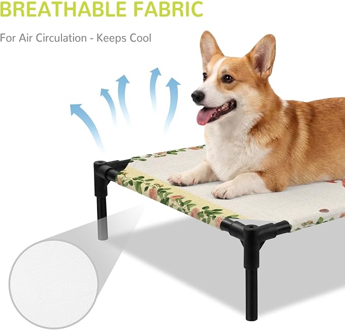 Outdoor Elevated Dog Bed for Medium Dogs, Country Squirrels Breathable Cooling Raised Dog Cot for Indoor/Outdoor, Farmhouse Rustic Flower Leaf Plant Beige Waterproof Elevated Pet Beds, M 24 x 20 in
