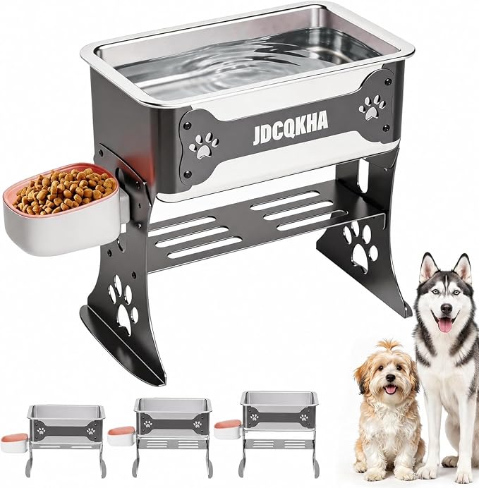 1.5 Gallon Elevated Large Dog Water Bowl, 2 Height Adjustable Stainless Steel Raised Dog Water Bowl Stand for Large Breed, Metal Pet Bowl Stand for Relief Joint Pressure, Easy Clean (Black)