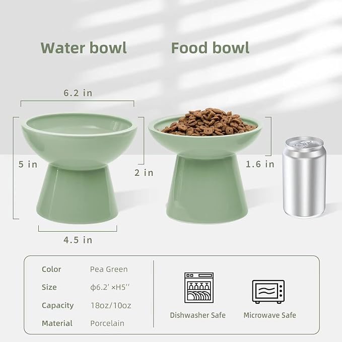 CEEFU 2 Elevated Ceramic Cat Bowls Extra Wide for Food & Water – Whisker Fatigue Shallow Food Dish, Lead & Cadmium-Free, Raised Height for Cats, Sage Green
