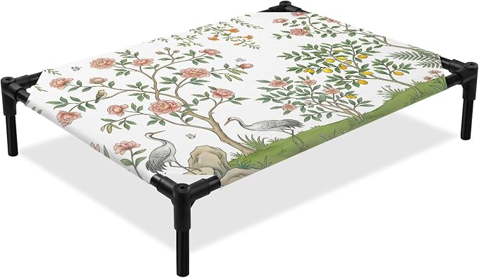 Outdoor Elevated Dog Bed for Medium Dogs, Pink Flowers Breathable Cooling Raised Dog Cot for Indoor/Outdoor, Trees Weeping Spring Floral Birds Waterproof Elevated Pet Beds, M 24 x 20 in