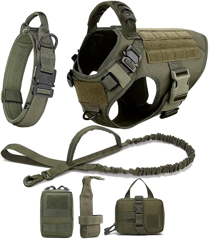 WAYO Dog Harness and Leash Set 6 Items - Military Tactical Vest with Collar for German Shepherd, Malinois, No Pull Training Walking Harness with Adjustable Straps (S/M/L/XL) (Brown, S)
