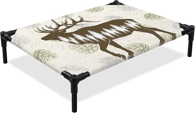 Outdoor Elevated Dog Bed for Large Dogs, Brown Moose Breathable Cooling Raised Dog Cot for Indoor/Outdoor, Trees Pine Cones Elegant Pastoral Waterproof Elevated Pet Beds, L 28 x 22 in