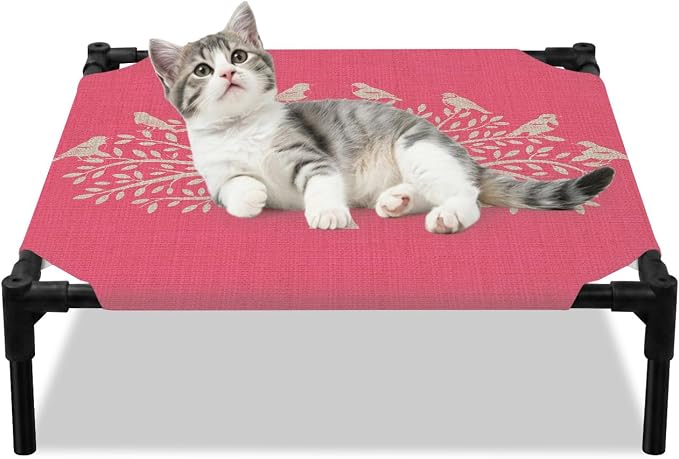 Outdoor Elevated Dog Bed for Small Dogs, Black Tree Breathable Cooling Raised Dog Cot for Indoor/Outdoor, Birds Vintage Farmhouse Pink Waterproof Elevated Pet Beds, S 20 x 20 in