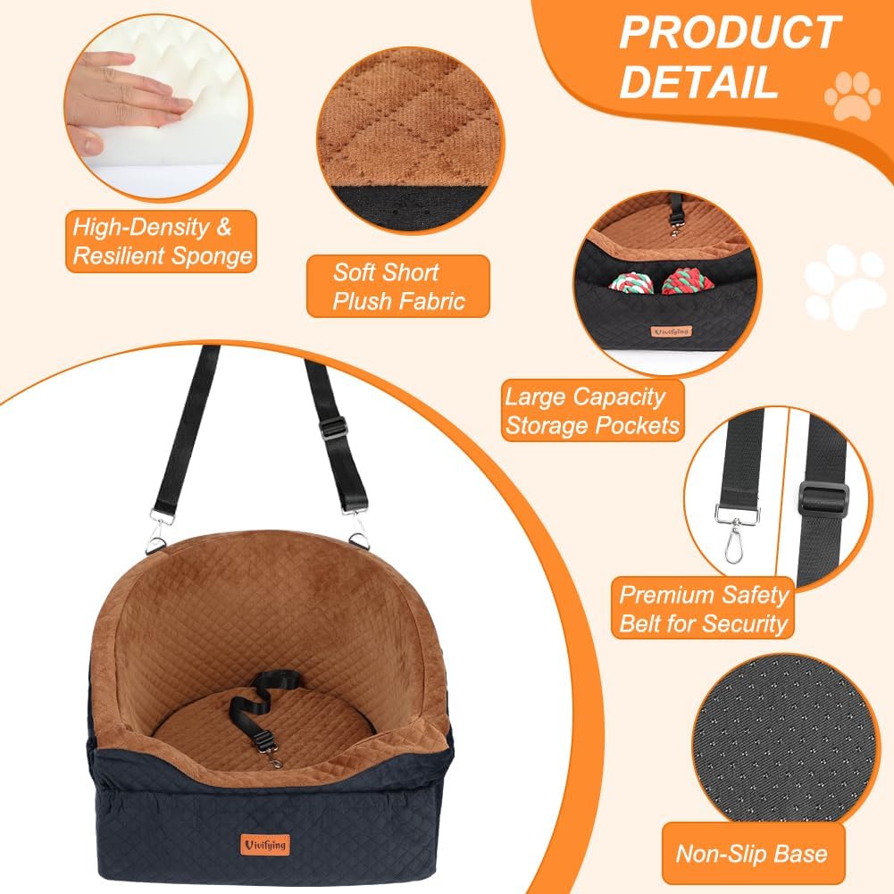 Vivifying Dog Car Seat for Small & Medium Dogs, Detachable & Washable Booster Seat for Pets Up to 30lbs, Travel Bed with Storage Pockets and Safety Belt – Brown&Black