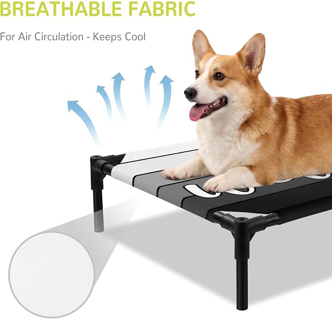 Outdoor Elevated Dog Bed for Large Dogs, Black Wooden Grain Breathable Cooling Raised Dog Cot for Indoor/Outdoor, Gradient Farmhouse Wood Plank Waterproof Elevated Pet Beds, L 28 x 22 in