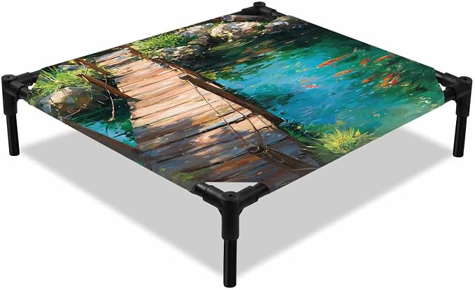 Outdoor Elevated Dog Bed for Small Dogs, Wooden Bridge Pond Breathable Cooling Raised Dog Cot for Indoor/Outdoor, Spring Floral Fish Waterproof Elevated Pet Beds, S 20 x 20 in