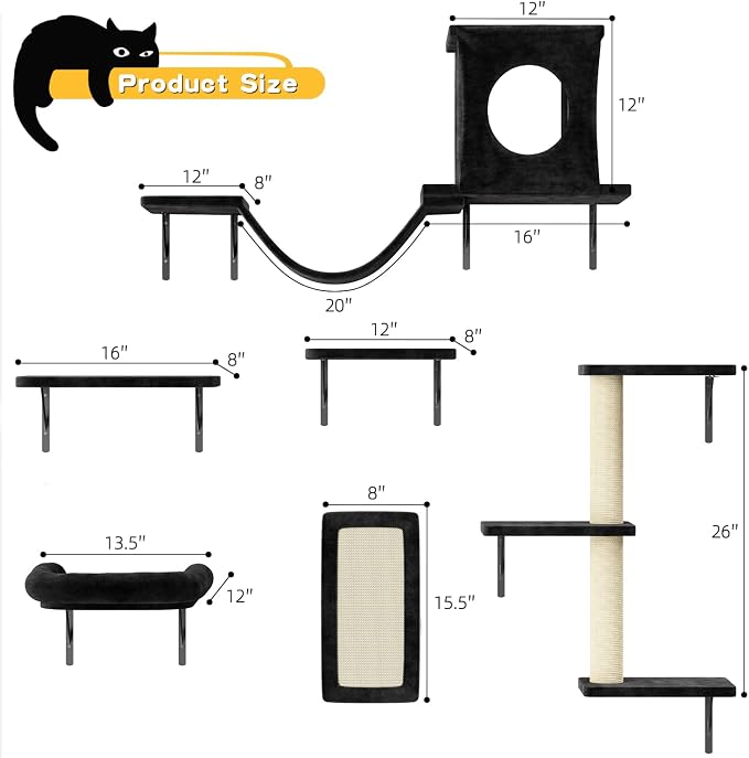 12-in-1 Cat Wall Shelves, Luxury Wall-Mounted Cat Climber Set with Condos House, Scratching Post, Bridge Ladder, Indoor Space-Saving Furniture for Kittens, Black