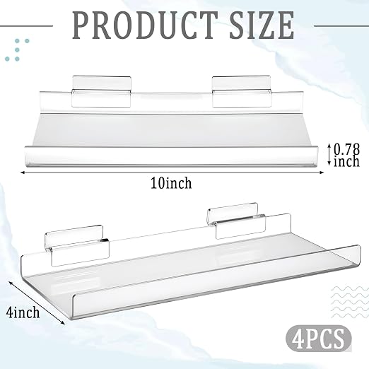 Yalikop 4 Pcs Slatwall Shelves Clear Acrylic Slatwall Shelves Organizer Wall Mounted Hanging Accessories Plastic Panel Display Shelf for Retail Store Boutique Garage Home(No Fence Style,10 x 4 Inch)