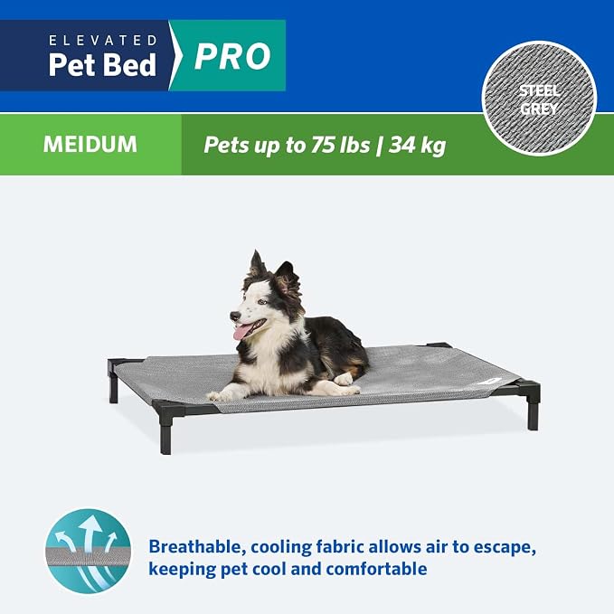 Coolaroo Pro Elevated Dog Bed - Low-Profile Access, Moisture-Resistant Cover, Breathable Fabric & Tool-Free Setup, Steel Gray, Medium