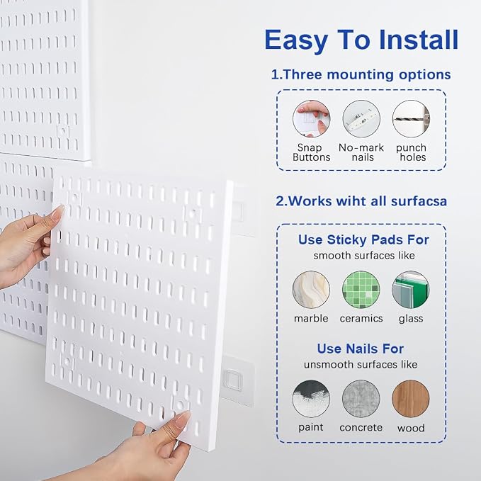 White Pegboard Wall Organizer Kit, 4 Pcs 12 x 12 in ABS Plastic Peg Board Panels with 10 Small Hooks, 2 Big Hooks, 2 Shelves, Wall Mounted Pegboard for Desk, Craft Room, Office and Kitchen Storage