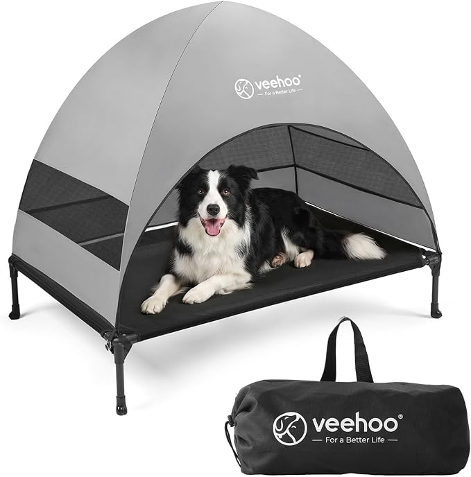 Veehoo Outdoor Dog Bed with Canopy, Cooling Elevated Dog Shade for Outside | Portable Raised Dog Cot with Removable Shade, Sun Protection Dog Tent Outdoor for Camping, Beach, 42" x 34.5", Black