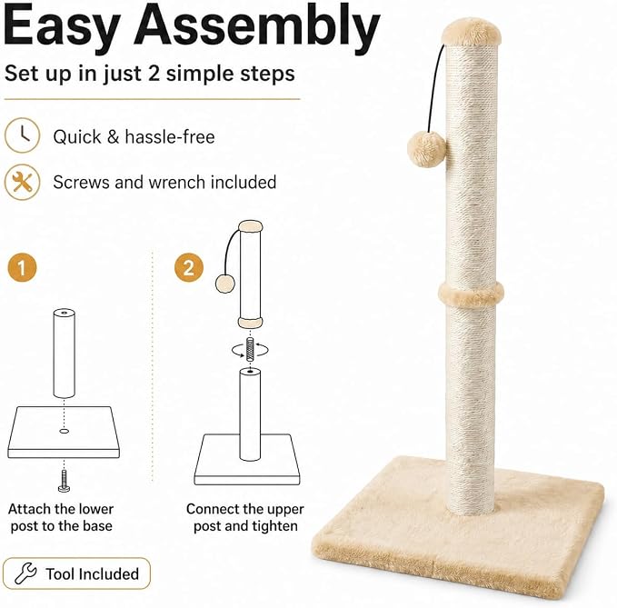 Dimaka 29" Height Tall Cat Scratching Post, Claw Scratcher with Sisal Rope and Covered with Soft Smooth Plush, Vertical Scratch [Full Strectch] for Standard Size Cats (Light Brown, 29 inches)
