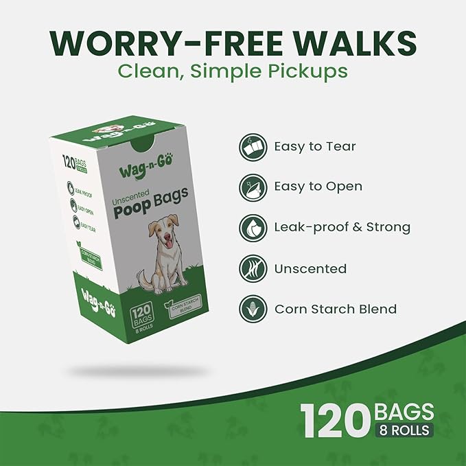 WAG-N-GO Dog Poop Bags Rolls, 120 Count Unscented Doggie Poop Bags, Leak-Proof, Easy Pet Waste Cleanup