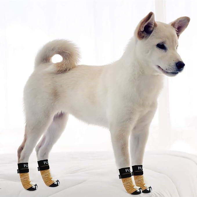 PUPTECK Anti-Slip Dog Socks with Double Sides Grips for Small Medium Large Dogs Hardwood Floors Prevents Licking, Dog Shoes for Hot Pavement Traction Control Paw Protector for Senior Dogs, Khaki XS