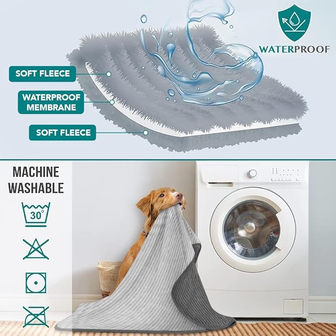 PetAmi Waterproof Dog Blanket, Leakproof Pet Blanket for Small Medium Large Dog, Reversible Furniture Bed Sofa Couch Cover Protector, Soft Striped Pet Throw for Indoor Cat, 60x80 in, Grey Light Gray