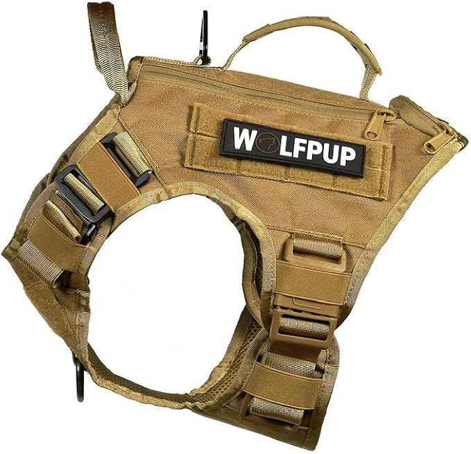 WOLFpak Tactical Dog Vest Harness No Pull Breathable MOLLE(Khaki, Large) | Dual Grab Handles, 1000D Nylon, Four-Point Adjustment, MOLLE Attachment Panels, Three Storage Pockets, Metal Alloy Buckles