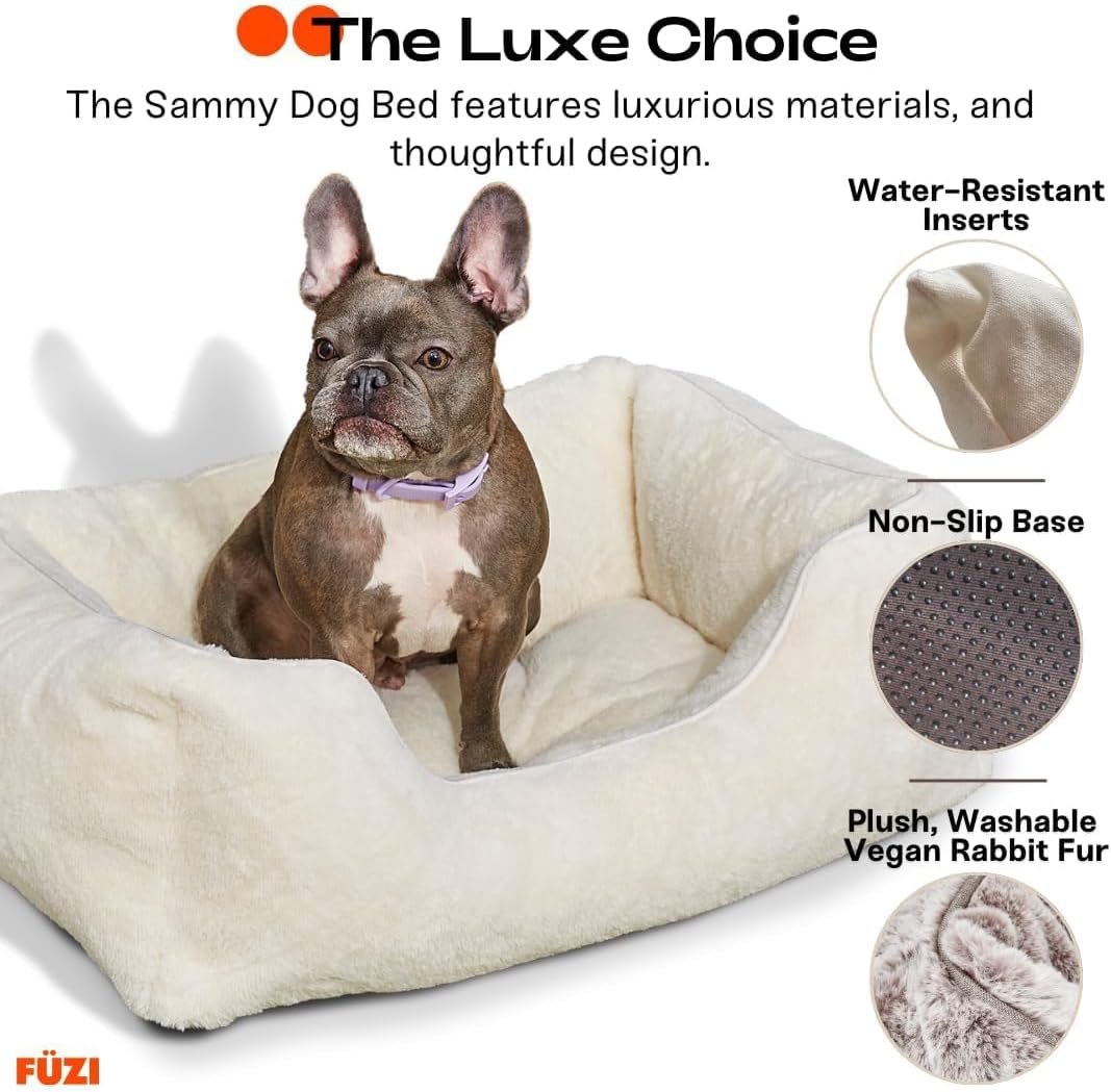 FUZI Luxury Aesthetic Dog Bed with Extra Cover for Small Dogs, Washable Pet Couch, Pet Bed with Sides, Non-Slip Bottom, Soft & Durable Calming Dog Bed, Faux Rabbit Fur, Small 25.1x16.75x9.5 Dark Grey