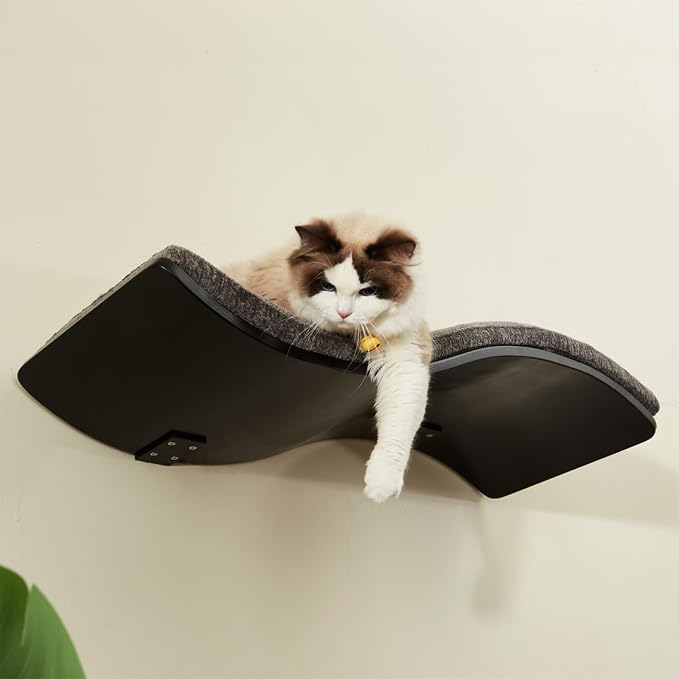 LIORCE Cat Shelf with Comfortable Cushion - Wave Modern Cat Bed - Minimalistic Floating Wall Perch - Wooden Wall Mounted Cats Furniture for Sleeping, Playing, Climbing, and Lounging, Walnut
