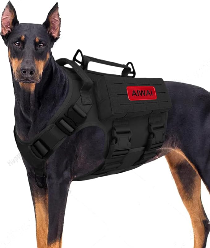 AIWAI Tactical Dog Harness with Handle for Large Dogs,2X Metal Buckle, Dog MOLLE Vest with Pockets,No Pull Adjustable Pet Harness, Easy Control Dog Vest Harness for Working Training (Black, Medium)