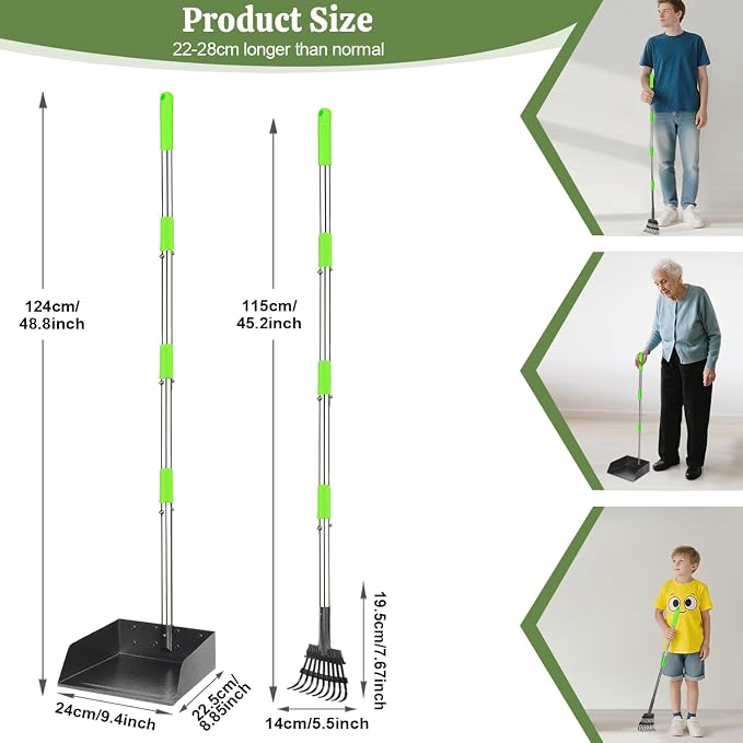 T2Y Pooper Scooper Extra Long Handle, Rake & Tray Set for Large Dogs | 48" Tall No-Bend | 9.4'' Large Tray | Stainless Steel | Adjustable | Works on Grass, Gravel & Dirt | Easy to Install