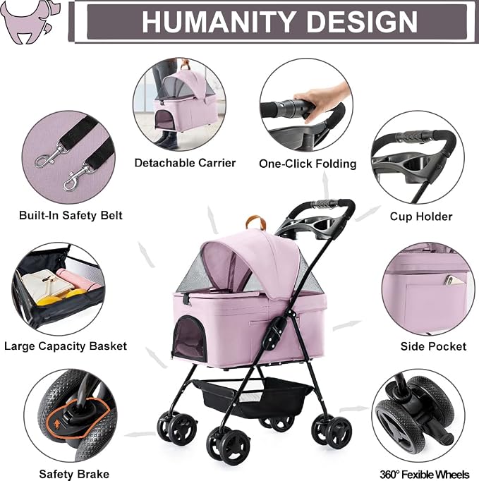3-in-1 Pet Stroller for Small Dogs and Cats, Folding Lightweight Dog Stroller with Detachable Carrier Portable Cat Puppy Jogging Stroller with Cup Holder and Storage Basket, 4 Wheels