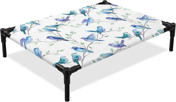 Outdoor Elevated Dog Bed for Medium Dogs, Cute Birds Ombre Blue Breathable Cooling Raised Dog Cot for Indoor/Outdoor, Spring Country Animals Branches Waterproof Elevated Pet Beds, M 24 x 20 in