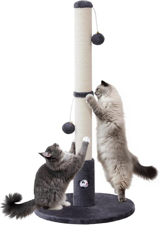Woochpet 33'' Tall Cat Scratching Post for Adults Cats, Sturdy Large Scratch Pole with Hanging Ball with Fun Mouse Hole, Scratching Posts for Indoor with Durable Natural Sisal Rope (Darkgrey)