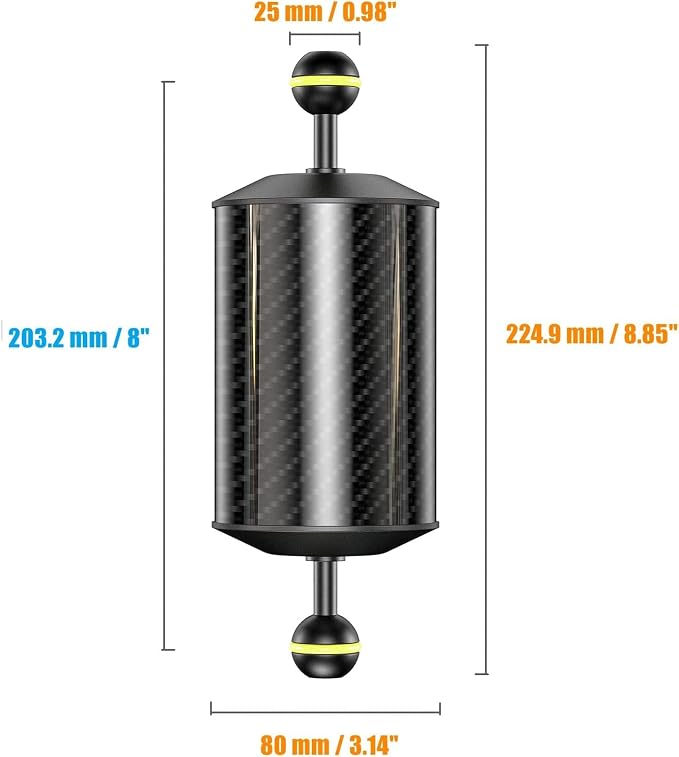 Sea frogs Carbon Fiber Float Arm D80mm, 8'', Buoyancy Provided 600g | for Ultralight Aquatic Arm, Underwater Camera System Diving Tray Video Light/Strobe GA-10