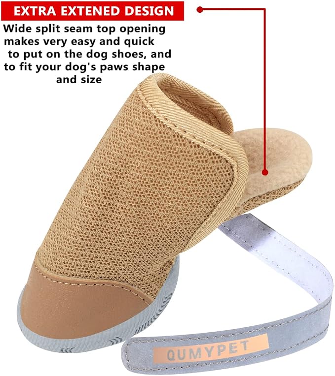 QUMY 4PCS Dog Shoes for Small Dogs, Hot Pavement Summer Puppy Dog Boots & Paw Protectors with Soft Anti-Slip Rubber Sole, Mesh Breathable Dog Booties for Hardfloors, Walking Running Khaki Size 2