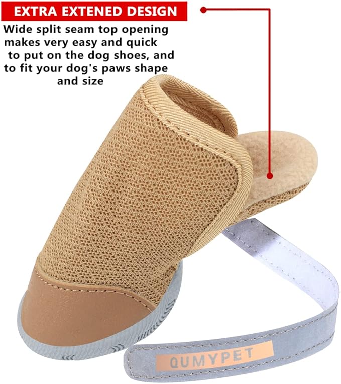 QUMY 4PCS Dog Shoes for Small Dogs, Hot Pavement Summer Puppy Dog Boots & Paw Protectors with Soft Anti-Slip Rubber Sole, Mesh Breathable Dog Booties for Hardfloors, Walking Running Khaki Size 4