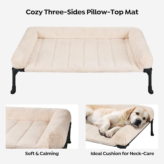 Veehoo Elevated Dog Beds Medium Sized Dog with Fluffy Plush Bolster Cushion | Orthopedic Raised Dog Beds for Indoor Outdoor, Soft Pet Sofa Cot with Removable Washable Mat, No-Slip Feet, 32" x 25", White
