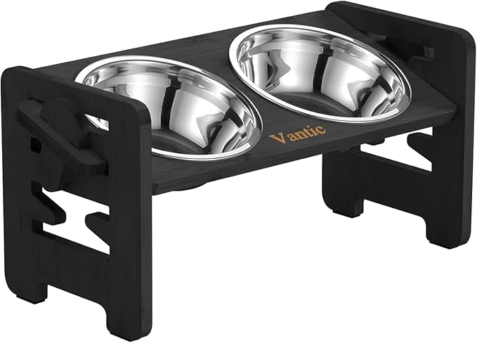 Elevated Dog Bowls, Raised Dog Bowl Stand Adjustable Small, Black | Bamboo Elevated Feeder with 2 Stainless Steel Bowls, Adjustable Height Stand for Small Puppies and Cats