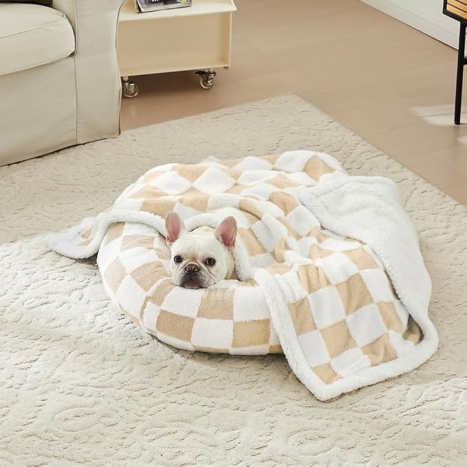 Ohocut Checkered Dog Blanket, Beige Khaki Jacquard Sherpa Blankets for Small Dog and Cats, Cute Aesthetic Style Fluffy Fleece Pets Blanket for Couch Protection Washable, 25"x35"