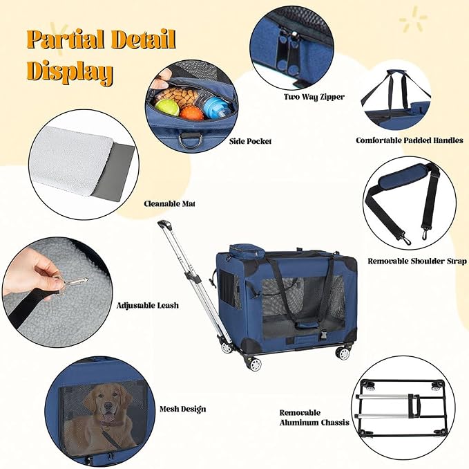 Rolling Pet Carrier with Wheels, Expandable Airline Approved Dog & Cat Carrier up to 50 lbs, Collapsible Travel Crate with Telescopic Handle, Breathable Soft-Sided Pet Carrier for Travel, Car & Home