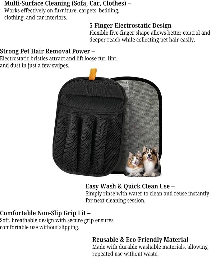 3pcs Large Pet Hair Removal Gloves for Cats | Electrostatic Magic Brush for Clothes, Beds, Sofa, Carpets | Fur Hero | Thickened Newly Upgraded | Fur Remover Mitt for Dogs, 2 Gloves + 1 Lint Scraper