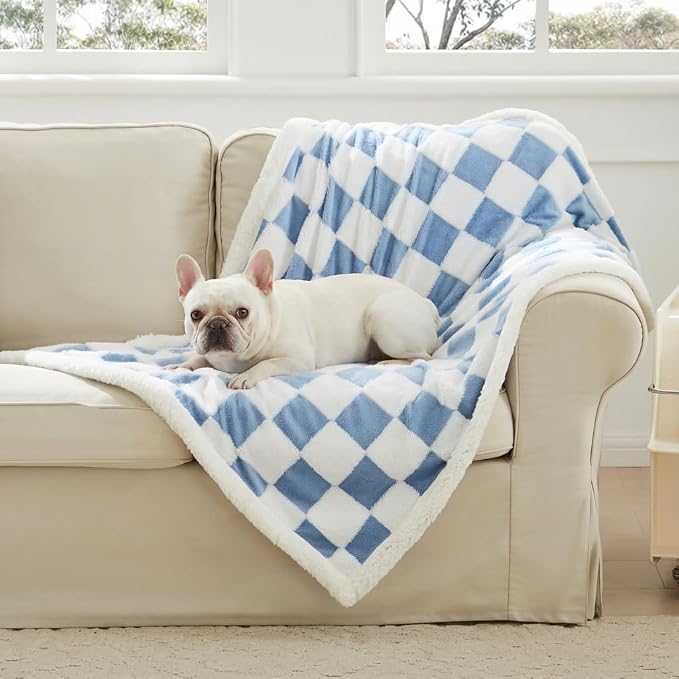 Ohocut Checkered Dog Blanket, Blue Jacquard Sherpa Blanket for Small Dog and Cats, Cute Aesthetic Style Fluffy Fleece Pets Blanket for Couch Protection Washable, 25"x35"