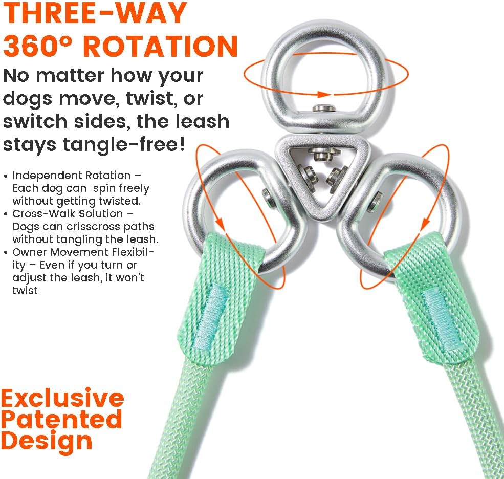 Howgo Double Slip Leash Slip Lead | Dual Dog Lead for 2 Dogs,360° Swivel No Tangle | Dog Training Nylon Leash and Collar | Double Clip Coupler and Splitter | Lightweight Aluminum (Green, 3FT)