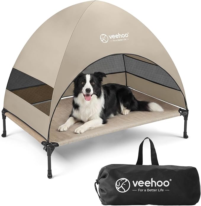 Veehoo Outdoor Dog Bed with Canopy, Cooling Elevated Dog Shade for Outside | Portable Raised Dog Cot with Removable Shade, Sun Protection Dog Tent Outdoor for Camping, Beach, 42" x 33.5", Beige Coffee