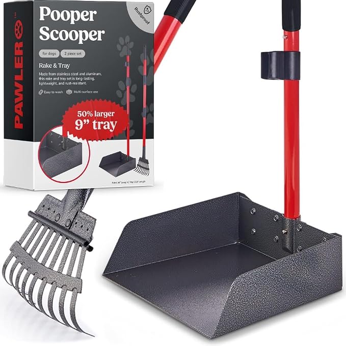 Metal Pooper Scooper for Dogs with Heavy Duty Long Handle Rake & XL Tray | Rustproof Aluminum Poop Scooper for Large Dogs with 9”W 9.5”L Extra Large Tray for Yard, Grass, Dirt & Gravel