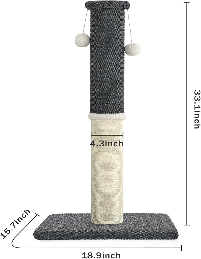 Made4Pets Tall Cat Scratching Post with Sisal & Carpet for Indoor Cats, 33" | Cat Scratcher with Wide Stable Base, Interactive Hanging Toys, Ideal for Adult Cats, Large Breeds and Full-Body Stretching