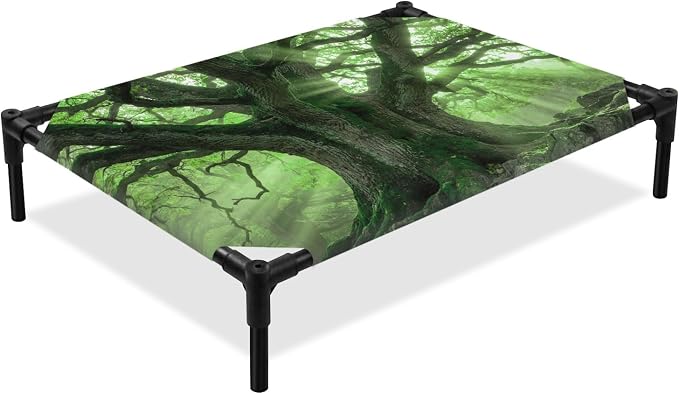 Outdoor Elevated Dog Bed for Large Dogs, Green Trees Breathable Cooling Raised Dog Cot for Indoor/Outdoor, Sunlight Forest Branches Nature Scenery Waterproof Elevated Pet Beds, L 28 x 22 in