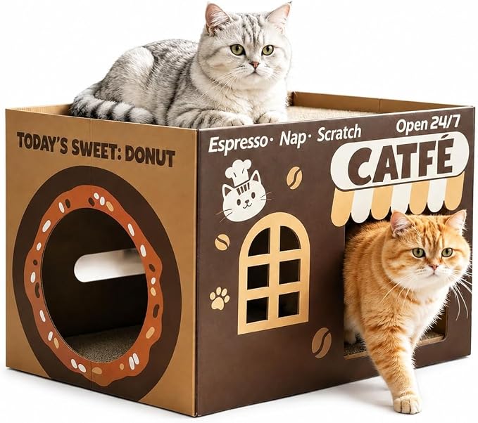 ARGOPET Cardboard Cat Scratcher House, Cozy Cardboard Design with 2 PCS Scratching Pads, Cat Scratcher Box & Bed, 17-Inch Corrugated Cat Scratcher, Safe and Secure for Kittens, Easy to Assemble（Brown）