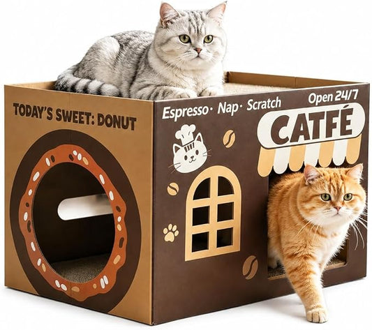 ARGOPET Cardboard Cat Scratcher House, Cozy Cardboard Design with 2 PCS Scratching Pads, Cat Scratcher Box & Bed, 17-Inch Corrugated Cat Scratcher, Safe and Secure for Kittens, Easy to Assemble（Brown）