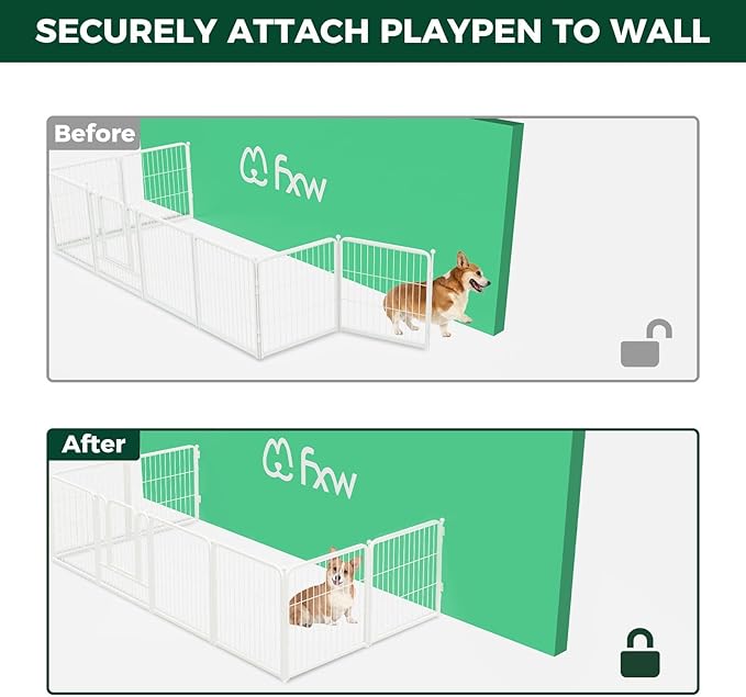FXW Homeplus Unleashed Indoor Dog Playpen - Stress-Free and Safe Play, Heavy Duty 40 Inch 8 Panels with Fence-to-Wall Anchor (Pack of 4) for Medium and Large Dogs, White│Patented